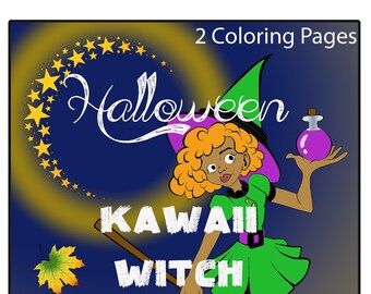 2 Page Download Halloween Kawaii Witch Line Drawing Illustration Watercolor Colored Pencil Coloring Page Black Girl Magic