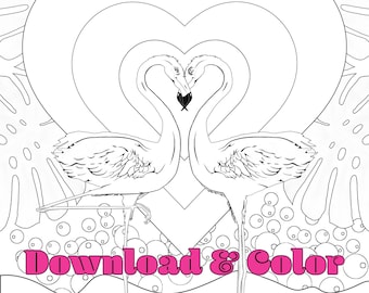 Animal Empire Flamingos in Love Flamingo Hugs Grayscale Line Drawing Illustration Coloring Page Watercolor Colored Pencil
