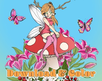 2 Page Download Magical Fairy Pixie Woodland Faerie Line Drawing Illustration  Watercolor Colored Pencil Coloring Page Flowers Butterflies