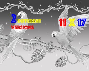 Maccaw Lovers Animal Empire Jungle Parrots Grayscale Coloring Page for Watercolor Marker Colored Pencil