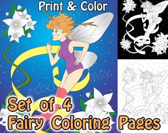 4 Page Fairy Coloring Book Download Faerie Pixie Line Drawing Illustration Watercolor Colored Pencil Coloring Page jasmine Flowers