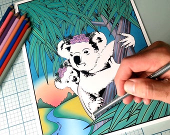 Animal Empire Koala Mom & Koala Baby in Eucalyptus Tree Koalas Grayscale Line Drawing Illustration Coloring Page Watercolor Colored Pencil