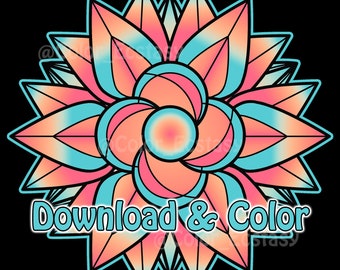2 Page Mandala Magic Lotus Explosion Flower Sacred Meditation Color Line Drawing Illustration Coloring Page for Watercolor Colored Pencil