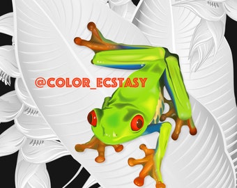 Animal Empire Red-eyed Tree Frog and Heliconia Flowers Grayscale Coloring Page for Watercolor Marker Colored Pencil