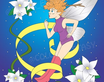 2 Page Fairy Coloring Book Download Faerie Pixie Line Drawing Illustration Watercolor Colored Pencil Coloring Page jasmine Flowers