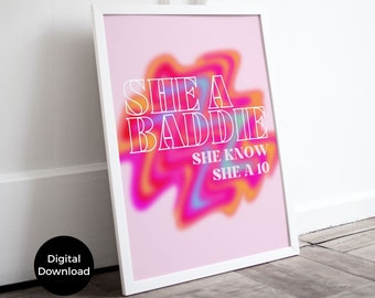 Ice Spice, Preppy, Pink Lash Room Decor, Aesthetic, Best Friend Gift, &#39;She a Baddie&#39; Teen Girl Room Downloadable Decor, Song Lyric Print