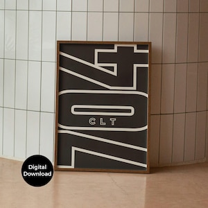 Czarno-biała 704 Charlotte Wall Art, Charlotte Realtor Closing Gift, Prezent na nowe mieszkanie, Wystrój akademika Wydrukowana sztuka ścienna, Prezent na parapetówkę