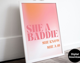 Ice Spice, Preppy, Pink and Orange &#39;She a Baddie&#39; Aesthetic Dorm Decor for College Girls | College Apartment, Lash Room PRINTABLE Poster