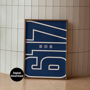May include: A framed art print with a navy blue background and white bold numbers and text. The text "BOS" is centered. The frame is a dark brown color. A black circle with the words "Digital Download" is in the lower left corner.