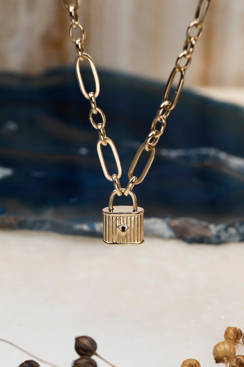 14K Solid Gold Padlock Pendant With Thick Link Chain Necklace Etsy