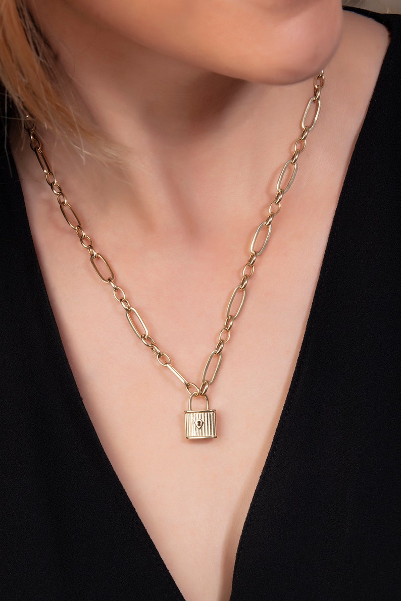 14K Solid Gold Padlock Pendant With Thick Link Chain Necklace Etsy