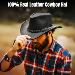 Hand Made Leather Cowboy Hat – Black, Brown & Tan Western Style Hat With Adjustable Chinstrap