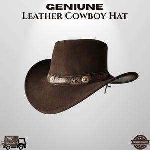 Genuine Leather Cowboy Hat – Brown Western Style, Wide Brim with Adjustable Chinstrap In S - 2XL Sizes