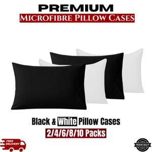Premium Microfibre Pillow Cases - Plain Black & White Cushion Covers, Envelope Closure, Wrinkle Free, Anti Allergic In Pack of 2/4/6/8/10