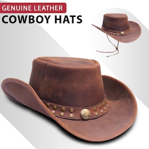100% Real Leather Cowboy Hat Men&#39;s Vintage Tan Cowboy Hat Australian Western Leather Cowgirl Hat Light Weight Hand Made Hat Gift For Him