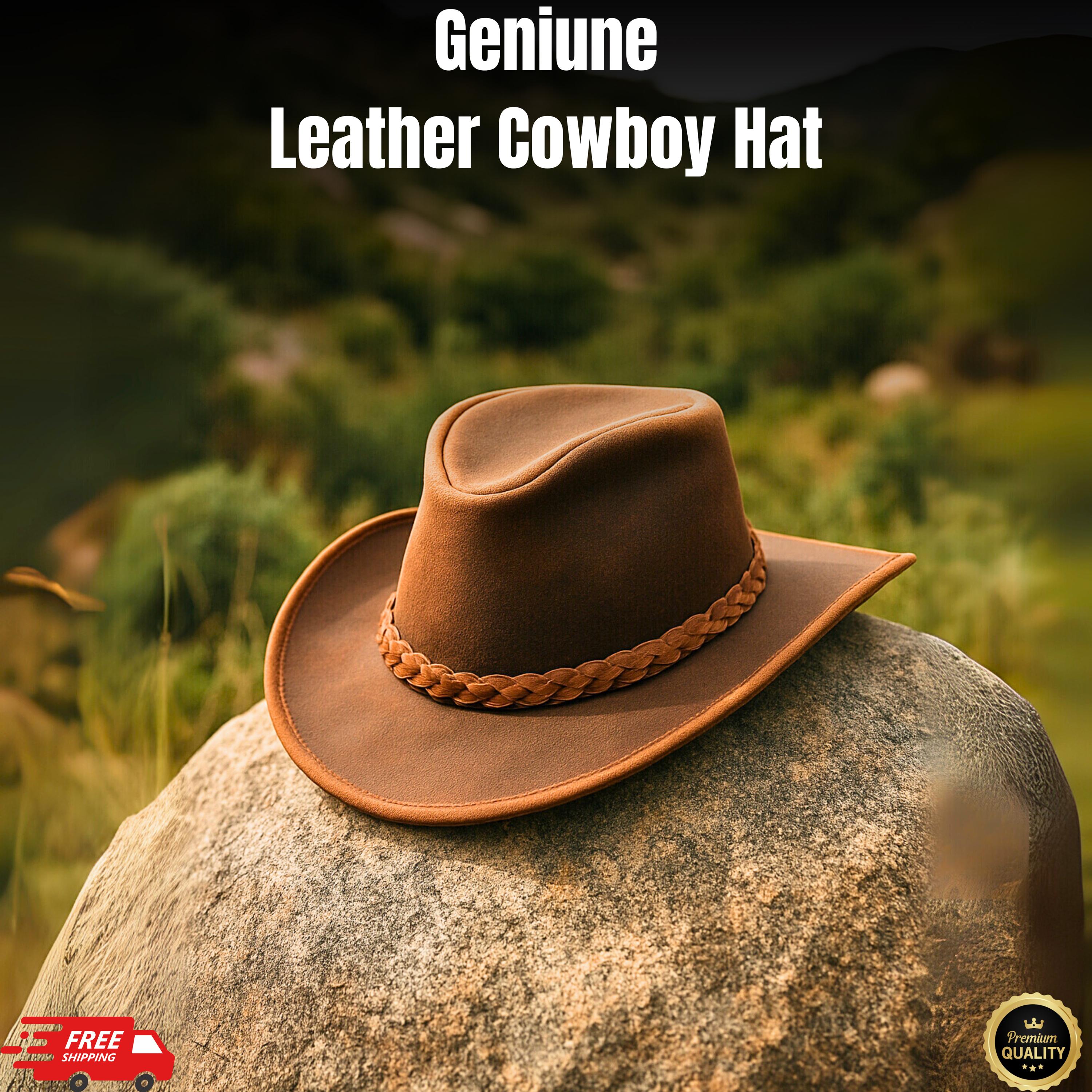 Vintage Leather Cowboy Hat: Western Outback Style, Wide Brim