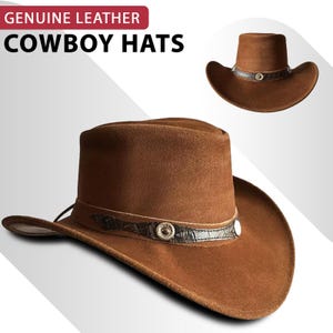Tan Cowboy Hat Men&#39;s Australian Western Leather Cowboy Hat Wide Brim Aussie Hat Soft Inside Bush Hat With Adjustable Chinstrap S - 2XL Sizes