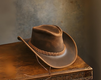 100% Real Leather Cowboy Hat: Wide Brim, High Crown