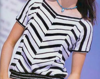 Modello PDF per maglia a righe - Modello vintage a chevron - Maglia a maniche corte con scollo a V - Taglie S, M, L