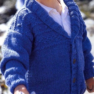 May include: A bright blue knitted cardigan with a shawl collar and button fastening. The sweater is worn over a white collared shirt. The sleeves are long, and the knit has a textured pattern. A classic, cosy garment for children.