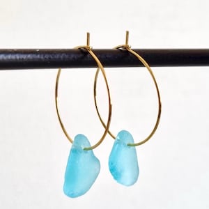 Gold Hoop Earrings with Rare Aqua Blue Sea Glass | Handmade Beach Jewelry | Coastal Gift for Her | Minimalist Ocean-Inspired Earrings
