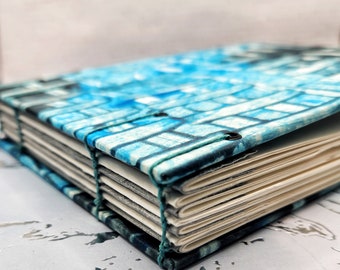 Handmade Watercolor Sketchbook | Blue and Black Paste Paper | Coptic Stitch Binding