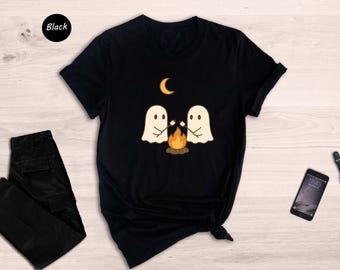 Camping Ghosts Embroidered Tee, Spooky Season Shirt