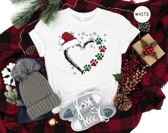 Christmas Dog Paw Heart T-Shirt, Santa Pet Lover Gift