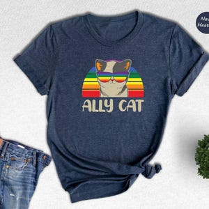 Ally Cat Shirt, Retro Rainbow Pride Sunglasses Cat Tee, LGBTQ Ally Support Gift, Funny Pride Month Shirt