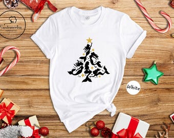 Mermaid Christmas Tree Shirt, Holiday Mermaid T-Shirt, Girls Xmas Gift Tee, Mermaid Lover Shirt, Cute Christmas Party Top