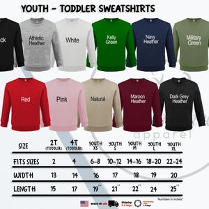 a collection of youth and toddler sweatshirts in various colors and sizes, arranged in a grid format.