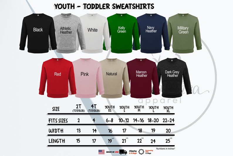 a collection of youth and toddler sweatshirts in various colors and sizes, arranged in a grid format.