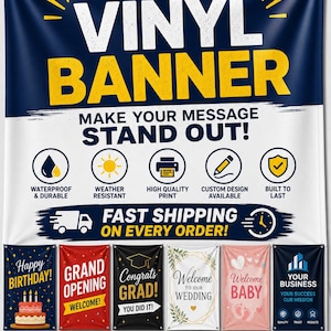 Puede incluir: Una pancarta de vinilo personalizada con texto amarillo y blanco sobre un fondo azul oscuro. El dise&ntilde;o incluye iconos para caracter&iacute;sticas impermeables, resistentes a la intemperie y de alta calidad, con ejemplos para diversos eventos.
