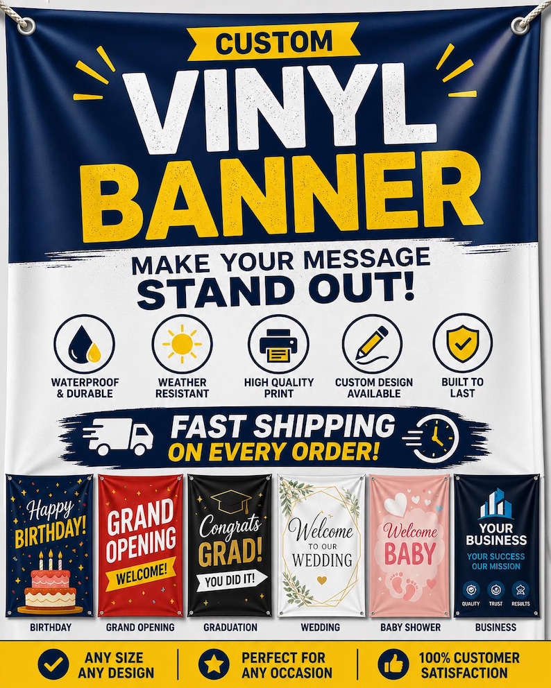 Puede incluir: Una pancarta de vinilo personalizada con texto amarillo y blanco sobre un fondo azul oscuro. El dise&ntilde;o incluye iconos para caracter&iacute;sticas impermeables, resistentes a la intemperie y de alta calidad, con ejemplos para diversos eventos.