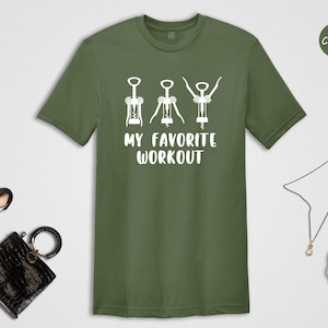 My Favorite Workout Shirt, Funny Wine Lover Tee, Corkscrew Graphic T-Shirt, Wine Drinking Gift for Women, Sarcastic Wine Shirt