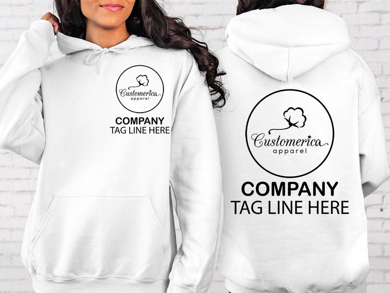 a woman wearing a white hoodie with the company tag line here on it