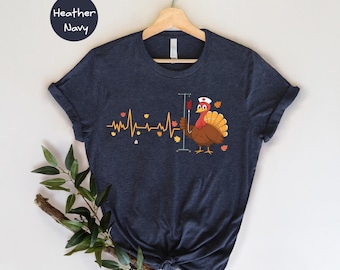 Thanksgiving Nurse Turkey Heartbeat T-Shirt, Fall RN Gift