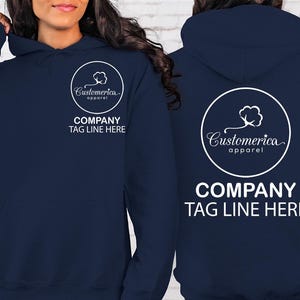 a woman in a blue hoodie with the company tag line here on it