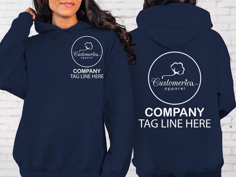 a woman in a blue hoodie with the company tag line here on it