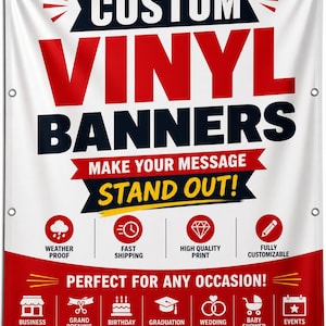 Puede incluir: Una pancarta de vinilo blanca con texto en rojo y negro que dice CUSTOM VINYL BANNERS, MAKE YOUR MESSAGE STAND OUT y PERFECT FOR ANY OCCASION. Incluye iconos para resistencia al clima, env&iacute;o r&aacute;pido, impresi&oacute;n y personalizaci&oacute;n.