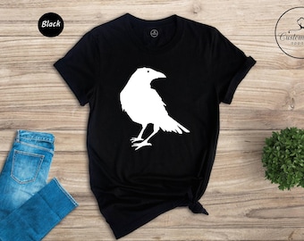 Raven Silhouette Shirt, White Crow Graphic Tee, Gothic Bird Costume Top, Halloween Crow Shirt, Nature Lover Gift