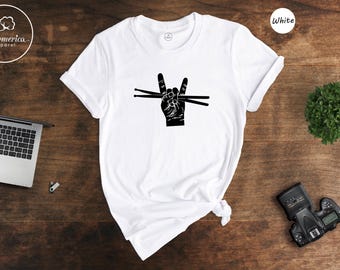 Drummer Rock Hand T-Shirt, Drum Sticks, Music Gift