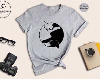 Yin Yang Cat Shirt, Cute Cat Lover Gift, Funny Cat Mom Tee, Black White Cat Graphic Shirt, Zen Balance Cat T-Shirt