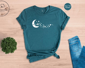 Moon and Stars Shirt, Celestial Crescent Moon Tee, Boho Astrology T-Shirt, Mystical Night Sky Gift for Women