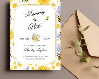 Invitación para baby shower de mamá a abeja: Plantilla editable de Canva (descarga digital, 13 x 18 cm)