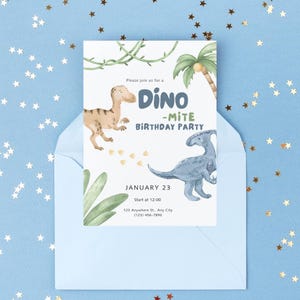 Dino-Mite Birthday Invitation | Editable Canva Template | Dinosaur Party Invite for Boys or Girls | Blue & Green Printable