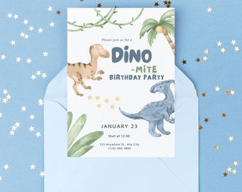 Invitación de cumpleaños de dinosaurio: Fiesta de dinosaurios, plantilla de Canva azul y verde (descarga digital)