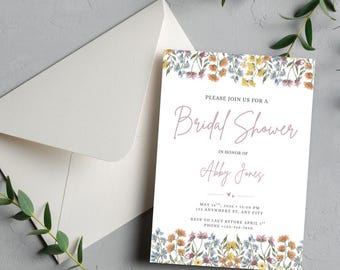 Invitación de despedida de soltera con flores silvestres: Plantilla floral rústica (descarga digital)