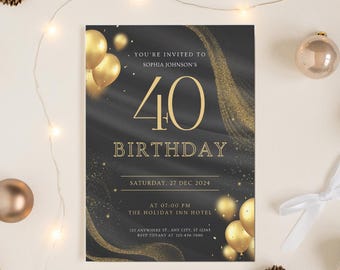 Black & Gold Birthday Invitation | Elegant Party Invite | Editable Canva Template | Milestone Birthday Printable