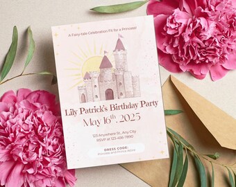 Invitación de cumpleaños de princesa rosa: Plantilla editable para fiesta de cuento de hadas (descarga digital de 5x7)